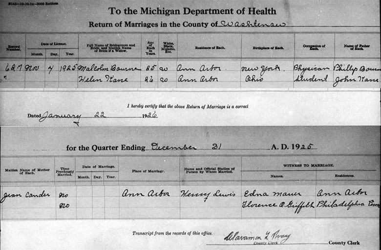 Marriage Registration of Malcolm Graham Bourne and Helen Mae Kane - 4 November 1925