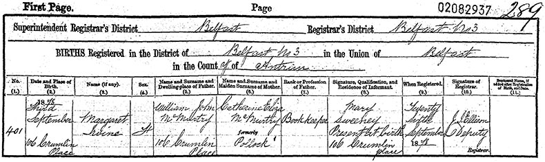 Birth Certificate of Margaret Irvine McMurtry - 3 September 1878