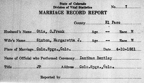 Marriage Record of George Franklyn Otis  and Margaretta Jane Sinton - 10 April 1881