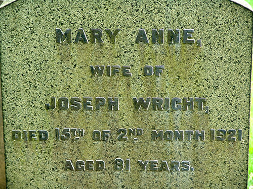 Headstone of Mary Anne Wright 1839 - 1921