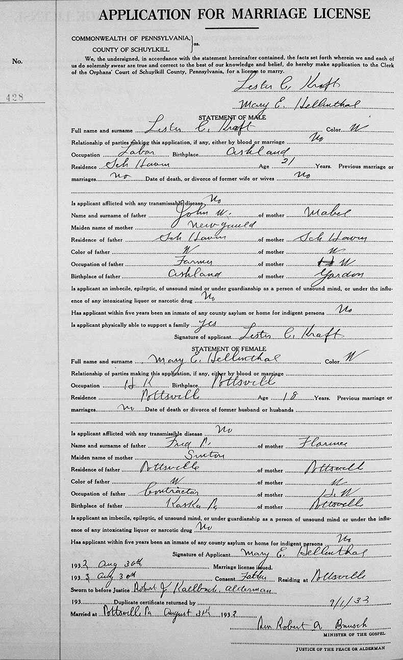 Marriage Registration of Lester C. Kraft and Mary E. Hellinthal - 31 August 1932