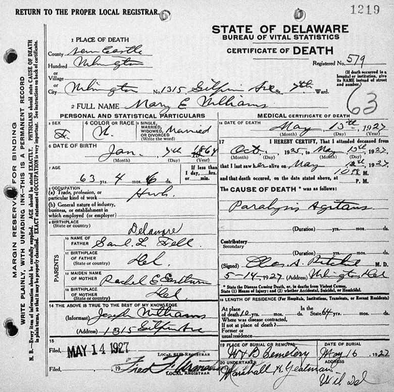 Death Certificate of Mary E. William