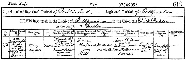 Birth Certificate of Mary Elizabeth Kirkwood - 28 June 1880
