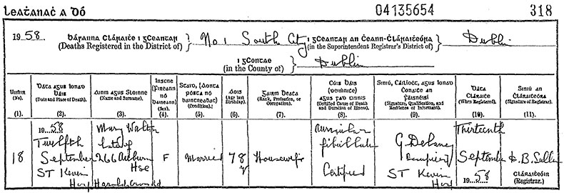 Death Certificate of Mary Elizabeth Walton (née Kirkwood) - 12 September 1958