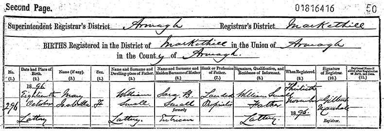 Birth Certificate of Mary Isabella Small - 18 October 1896