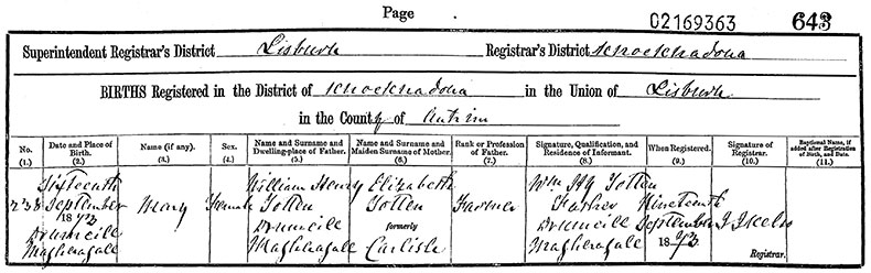 Birth Certificate of Mary Jane Totten - 16 September 1873