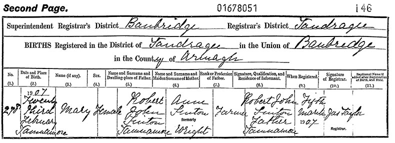 Birth Certificate of Mary Sinton - 23 February 1907