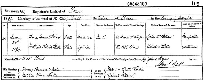 Marriage Certificate of Thomas Bowen Pedlow and Matilda Olivia Parke - 20 June 1894