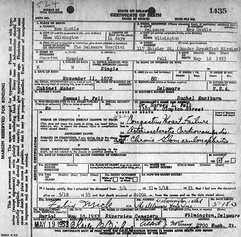 Death Certificate of Maurice T. Fell