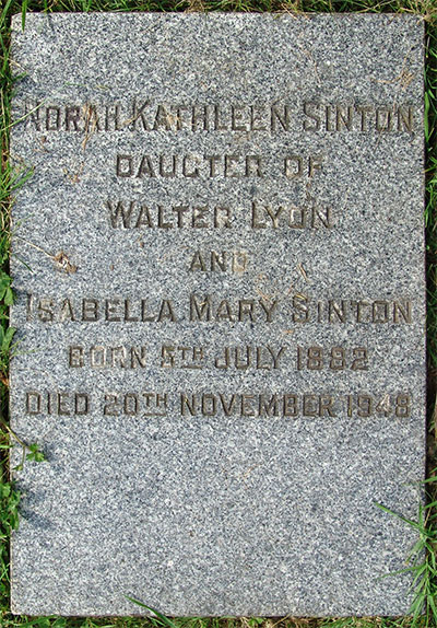 Headstone of Norah Kathleen Sinton 1882- 1948