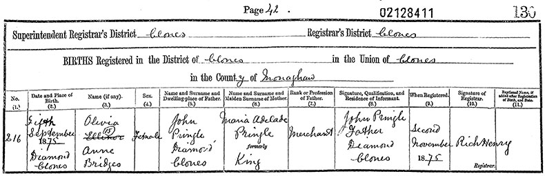 Birth Certificate of Olivia Ann Bridges Pringle - 5 September 1875