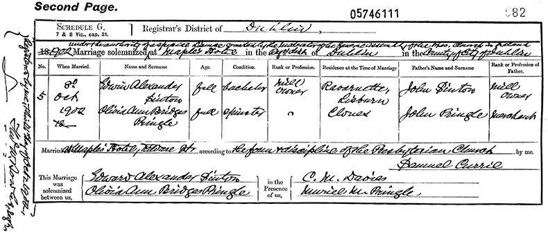 Marriage Certificate of Edward Alexander Sinton and Olivia Ann Bridget Pringle - 8 October 1902