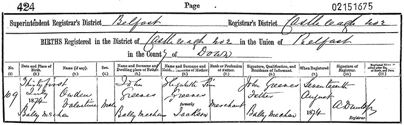 Birth Certificate of Owden Valentine Greeves - 31 July 1874