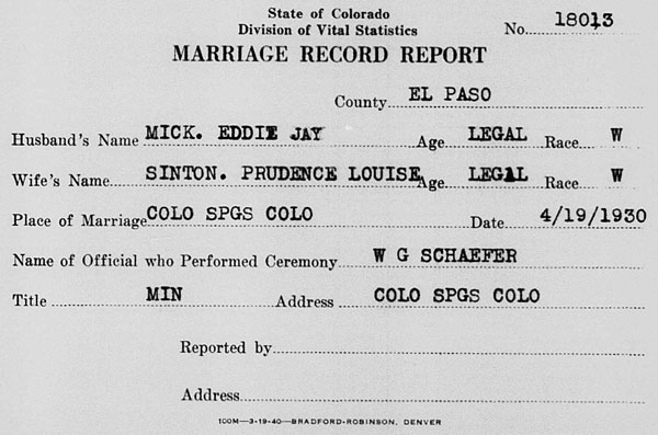 Marriage record for Eddie Jay Mick and Prudence Louise Sinton on 19 April 1930