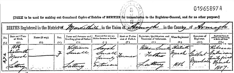 Birth Certificate of Rebecca Entrican Small - 16 March 1886