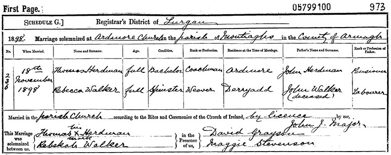 Marriage Certificate of Thomas Herdman and Rebecca Walker - 18 November 1898