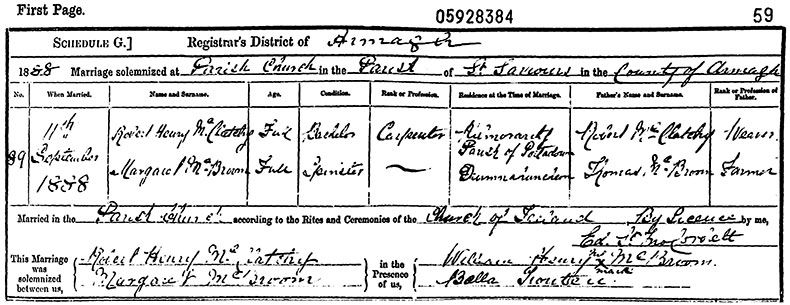 Marriage Certificate of Robert Henry McClatchy and Margaret McBroom - 11 September 1888