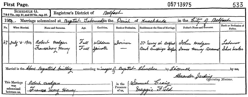 Marriage Certificate of Robert Hodgen and Frances Mary Harvey - 6 July 1904
