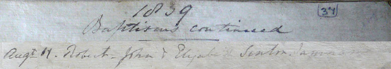 Church register entry for baptism of Robert Sinton on 17 August 1839