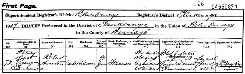 Death Certificate of Robert Sinton - 25 May 1907