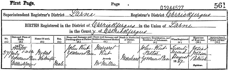 Birth Certificate of Robert Washington Vint - 4 July 1887