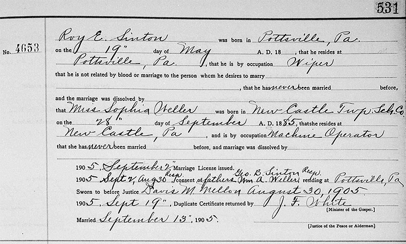 Marriage Certificate of Royland Elmer Sinton and Sophia Weller - 13 September 1905