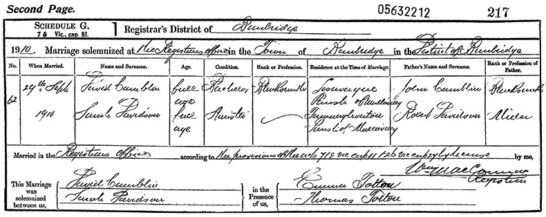 Marriage Certificate of David Camblin and Sarah Davidson - 29 September 1910