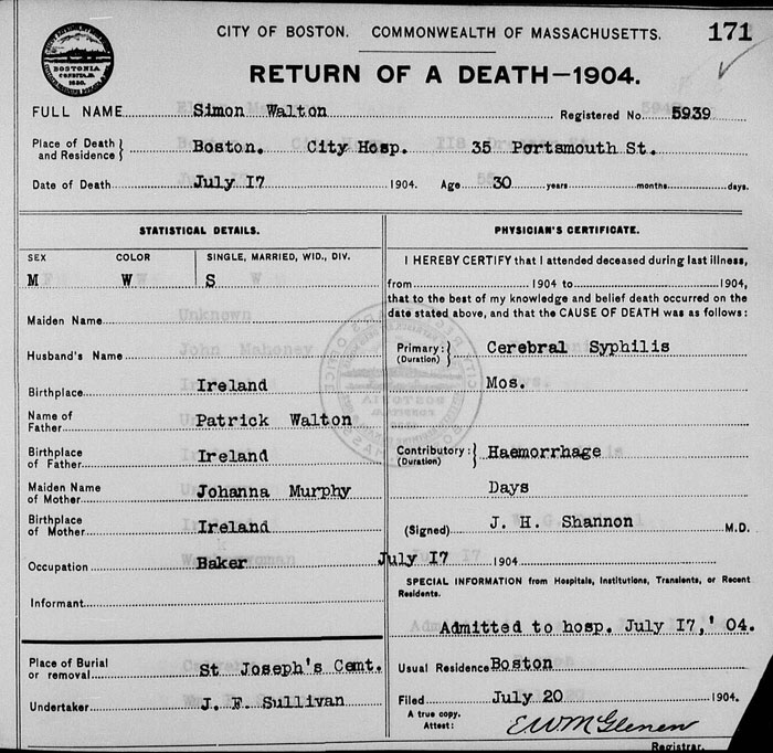 Death Certificate for Simon Walton