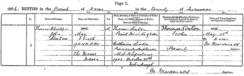 Birth Registration of Thomas Christopher John Sinton - 4 May 1906