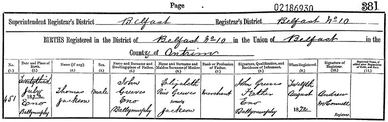 Birth Certificate of Thomas Jackson Greeves - 23 July 1872