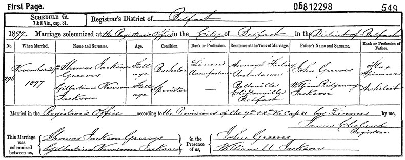 Marriage Certificate of Thomas Jackson Greeves and Gilbertina Newsome Jackson - 29 November 1897