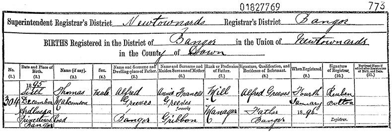 Birth Certificate of Thomas Malcomson Greeves - 6 December 1895