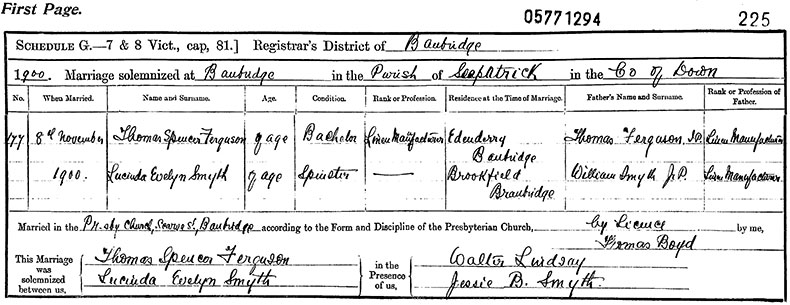 Marriage Certificate of Thomas Spencer Ferguson and Lucinda Evelyn Smyth - 8 November 1900