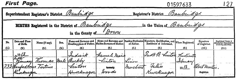 Birth Certificate of Thomas Tertius Sinton - 5 January 1913