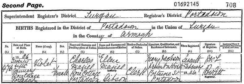 Birth Certificate of Violet Magill - 25 January 1906