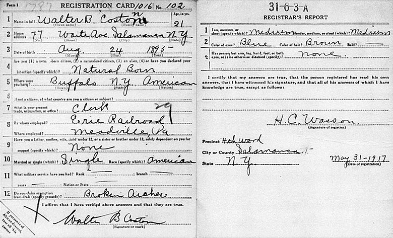 World War I Draft Registration of Walter Best Coston