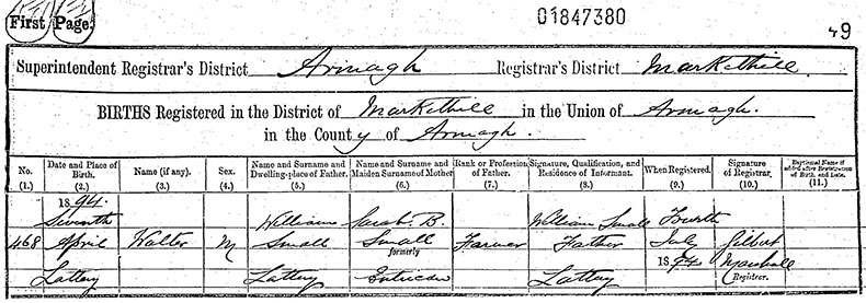 Birth Certificate of Walter Small - 7 April 1894