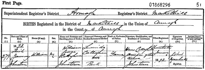 Birth Certificate of William Callaghan - 1 January 1893