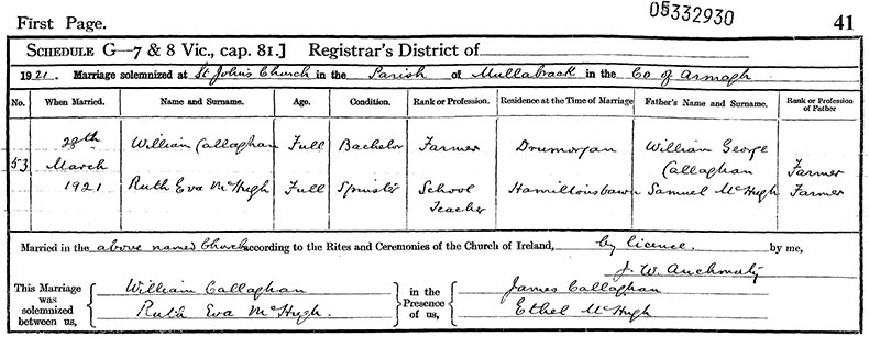 Marriage Certificate of William Callaghan and Ruth Eva McHugh - 28 March 1921