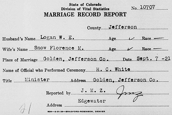 Marriage Record Report for William E. Logan and Florence M. Snow