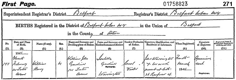 Birth Certificate of William Henry Gardiner - 11 February 1901
