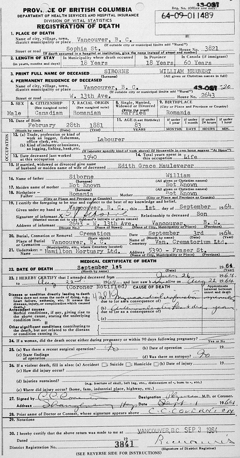 Death Certificate of William Herbert Sibourne 1 September 1964