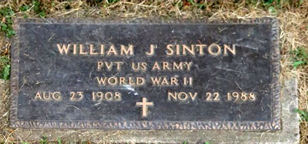 Headstone of William Jonathan Sinton, Pottsville 1908 - 1988