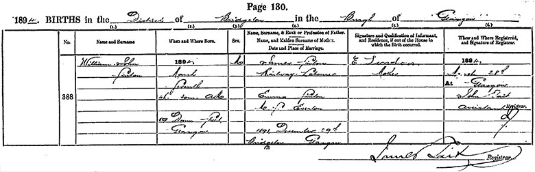 Birth Certificate of William John Sinton - 7 March 1894
