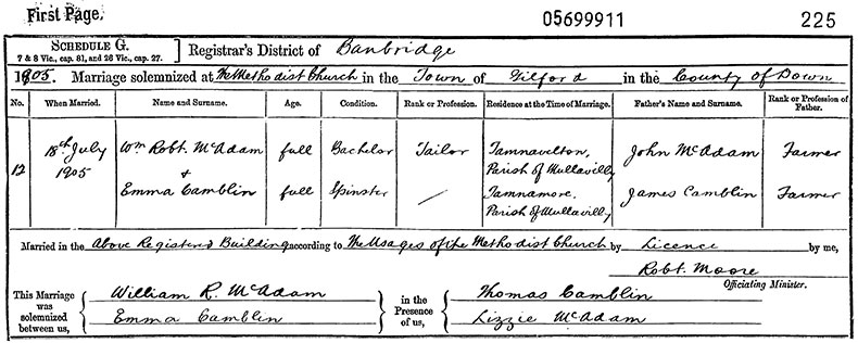 Marriage Certificate of William Robert McAdam and Emma Camblin - 18 July 1905