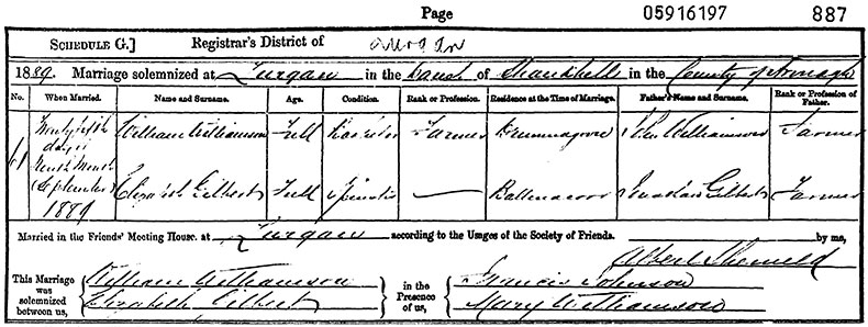 Marriage Certificate of William Williamson and Elizabeth Gilbert - 25 September 1889