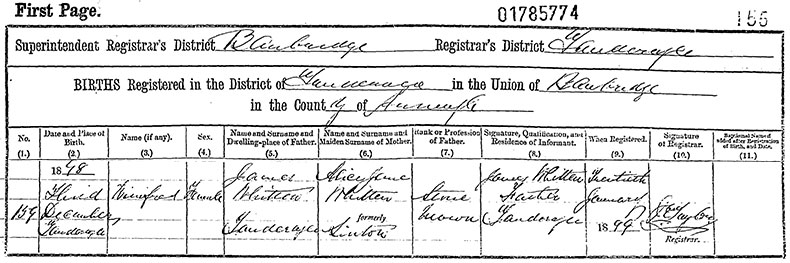 Birth Certificate of Winnifred Whitten - 3 December 1898