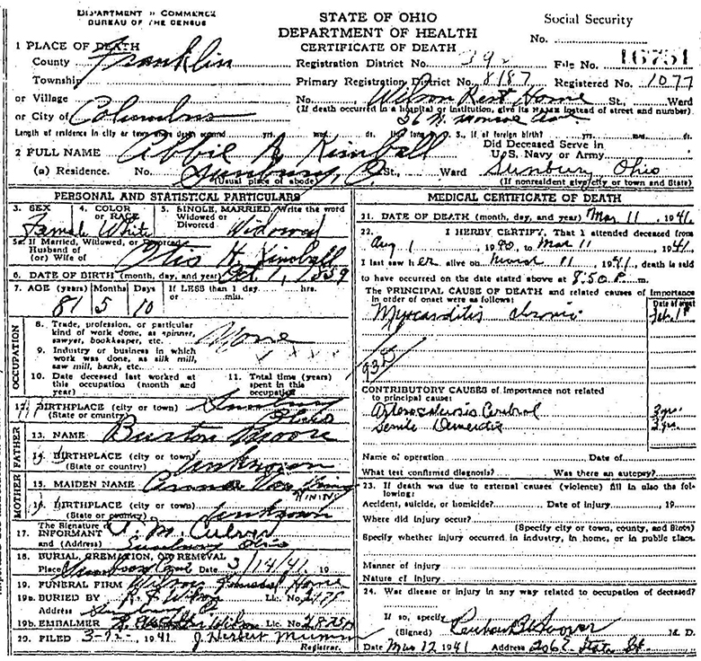 Death Certificate of Abbie A. Kimball (née Moore) - 11 March 1941