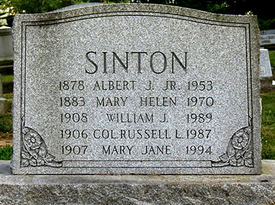 Headstone of Albert Jonathan Sinton 1878 - 1953