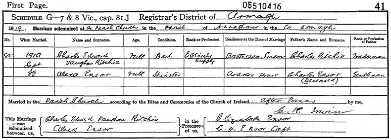 Marriage Certificate of Charles Edward Vaughan Ritchie and Alexa Ensor - 8 September 1919